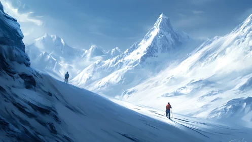 Twin skiers tracing blue silence across colossal peaks.