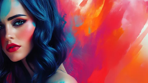 Digital portrait of blue haired woman with bold abstract color
