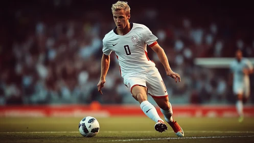 Dynamic soccer forward sprints toward the ball under stadium lights