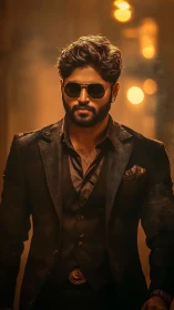 Man in dark formal suit with sunglasses in warm bokeh scene.