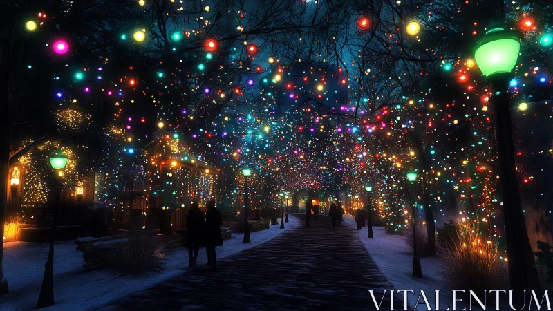 Digital painting of winter walkway under dense festive lights.