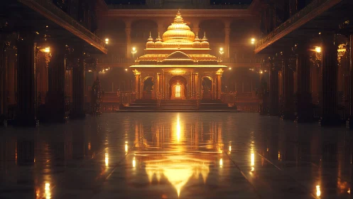 Golden temple hall with illuminated central shrine interior.