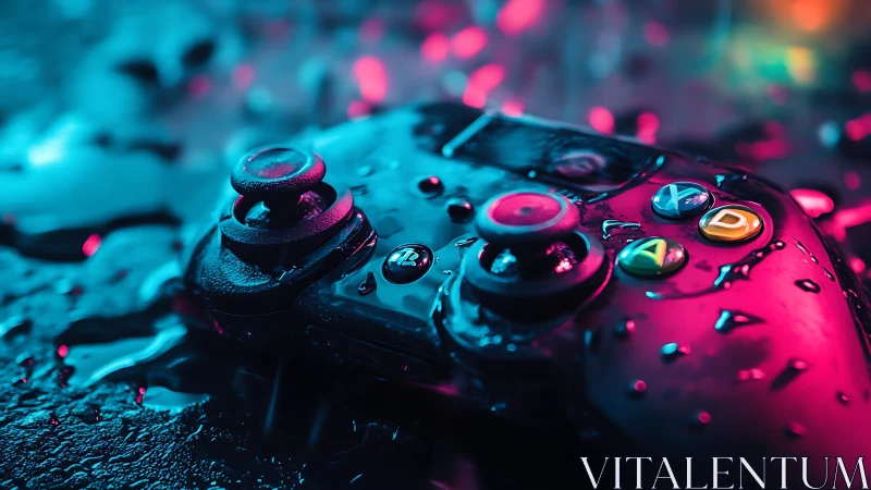 Neon-lit gaming controller rests in wet cyberpunk environment