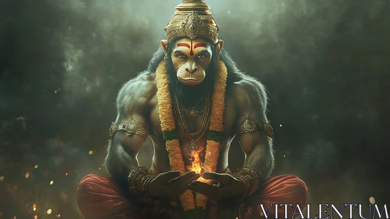 Mythic monkey warrior in meditation holding sacred fire.