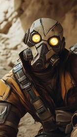 Post-apocalyptic scavenger with glowing goggles waits, watching.