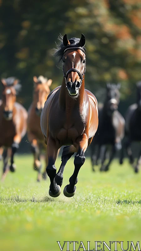 Galloping bay horse leads herd across sunlit pasture.