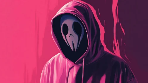 Neon pink hooded figure with stylized plague doctor mask