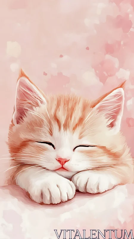 Sleeping ginger and white cat with closed eyes on soft pink background
