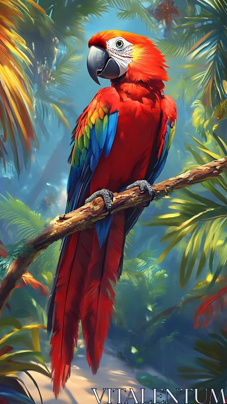 Scarlet macaw rests amid lush tropical jungle light.