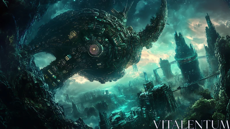 Orbital megastructure above bioluminescent cyber-metropolis.