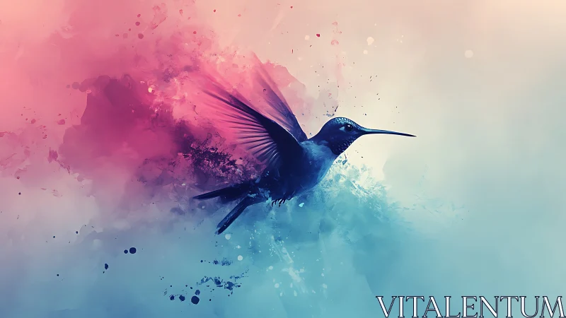 Iridescent hummingbird in abstract cyan and magenta cloudscape.