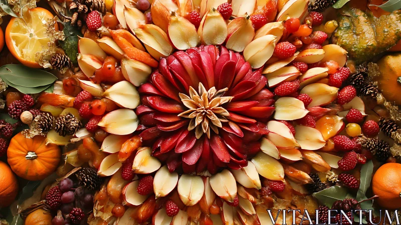 Radial autumn harvest mandala built from fruits and seeds.