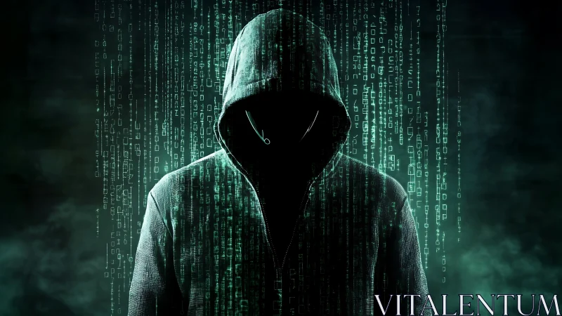 Hooded cybercriminal silhouette amid cascading green code.