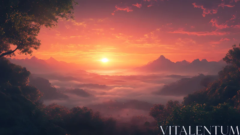 Luminous sunrise over misted mountains in digital painting style.