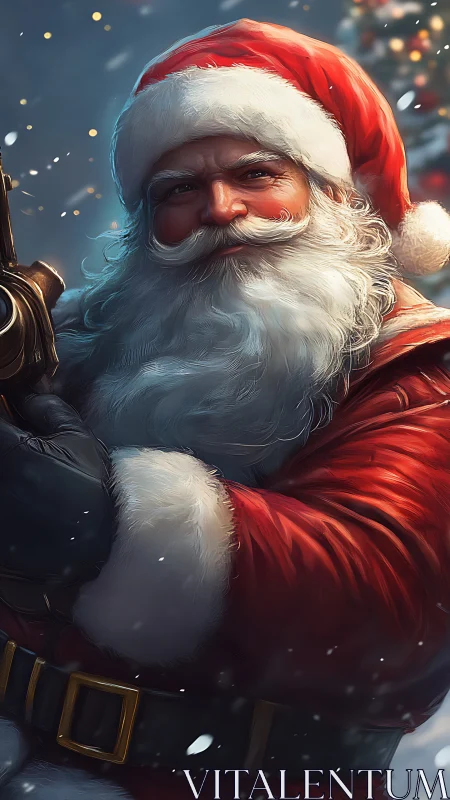 Santa Claus smiles in a snowy, cinematic Christmas portrait.