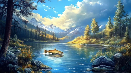 Golden trout breaks a sunlit alpine lake’s glassy silence