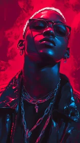 Neon-lit rebel in glossy leather and ultraviolet swagger.