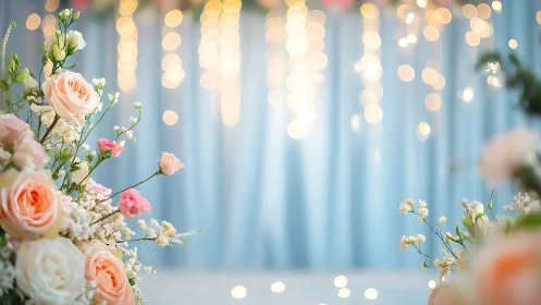 Soft-focus pastel florals frame golden bokeh wedding lights
