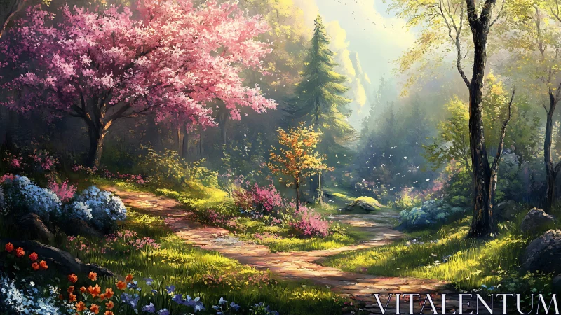 Sunlit forest path winds through blooming spring woodland sanctuary