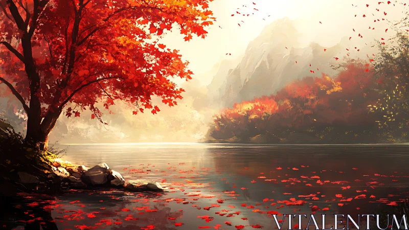 Crimson leaves drift quietly while the mountain mist listens