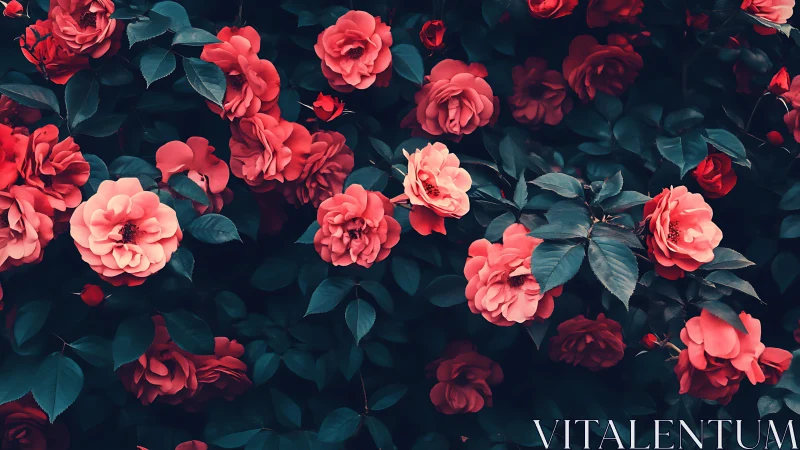 Lush Garden of Crimson Roses Blooming Beautifully