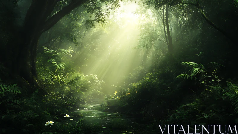 Forest stream with crepuscular light rays through dense canopy.