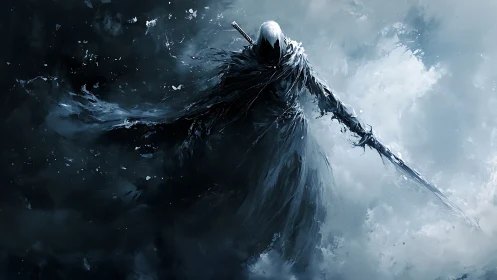 Hooded humanoid sword figure occupies high contrast mist field