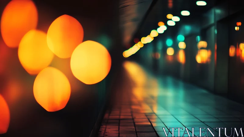 Urban tunnel corridor with cinematic bokeh light orbs.
