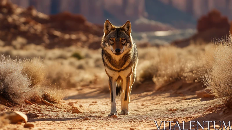 Desert twilight crowns a lone wolf with molten silence