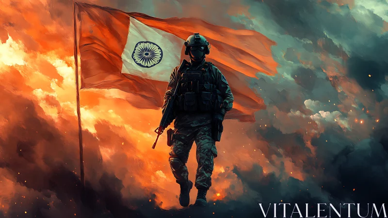 Indian soldier silhouette before blazing tricolor flag.