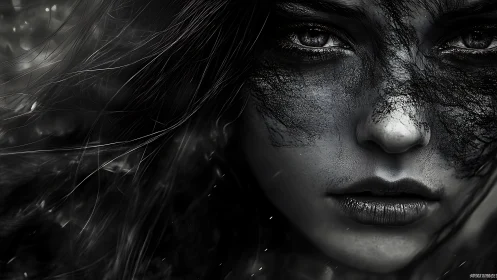 Monochrome close portrait with fractal soot mask and stray hair