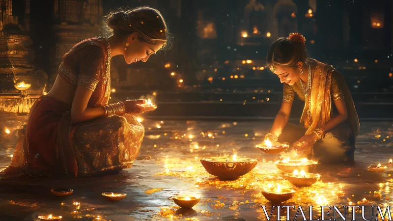 Two Women Lighting Diyas in Traditional Attire, Festive Ambience.