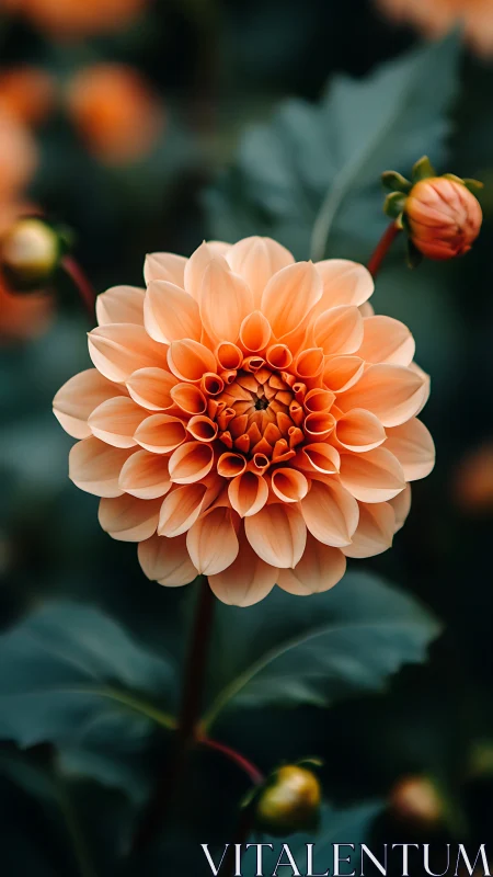 Orange Dahlia Bloom with Layered Petals in Garden Setting.