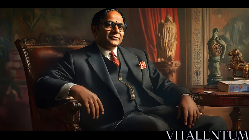 Seated man in formal suit in richly decorated interior.