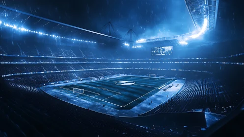 Nighttime football stadium under rain with blue lighting.
