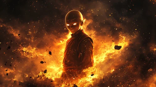 Fire-wreathed monk-like warrior emerges from blazing inferno.