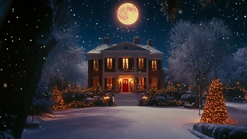 Neoclassical mansion in moonlit snowy landscape with festive LEDs