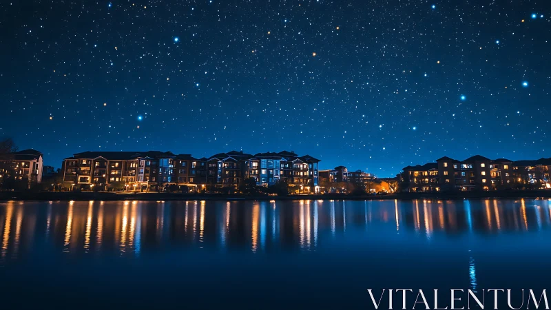 Lakeside apartments under a star-dense nocturnal sky reflect calmly