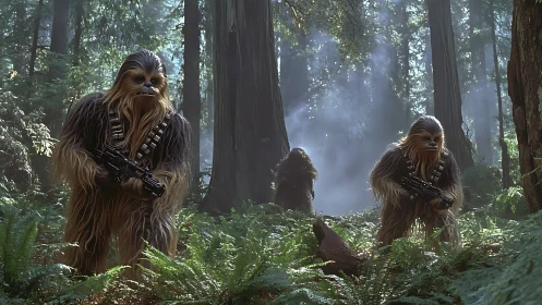 Furry forest warriors stalk through misty redwood shadows.