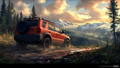 Orange SUV climbs muddy forest trail toward sunlit peaks.