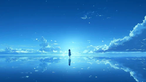 Solitary girl stands on mirrored horizon under vast sky.