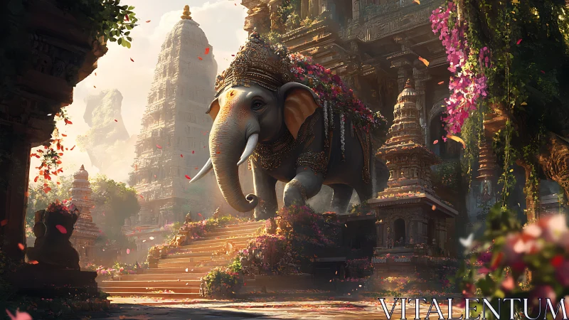 Levitating caparisoned elephant amid ornate temple ruins at dawn