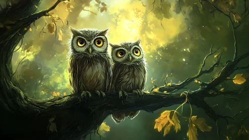 Two Cute Owls on a Tree Branch in a Magical Forest Painting.