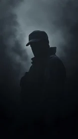 Silhouetted tactical figure emerges from swirling night fog