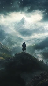 Solitary cloaked wanderer overlooks vast misty mountain range