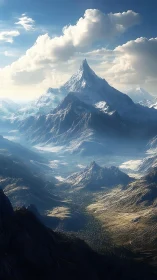 Snowcapped mountain peak rises above vast sunlit valley