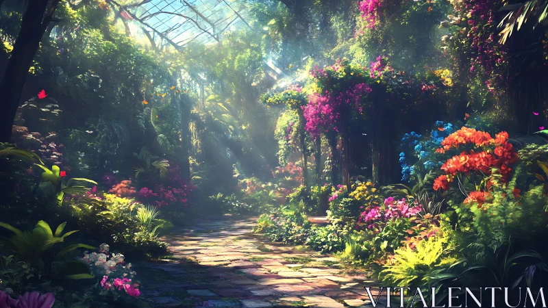 Sunlit greenhouse walkway passes through dense floral vegetation
