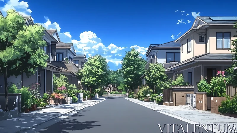 Sunlit suburban street welcomes a calm, leafy neighborhood