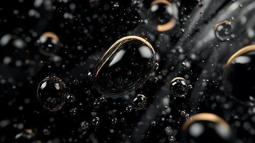 Liquid spheres drift through dark abstract space in motion.