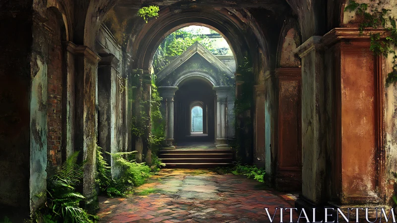 Sunlit overgrown arcade reveals a receding neoclassical corridor